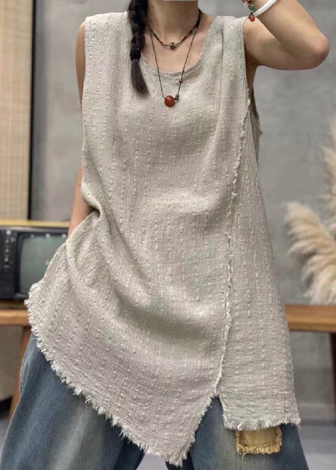 Light Khaki Asymmetrical Linen Waistcoat Sleeveless