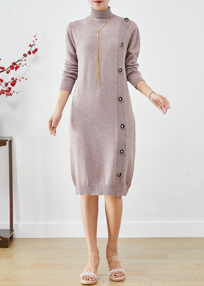 Light Purple High Neck Button Knit Sweater Dress Fall