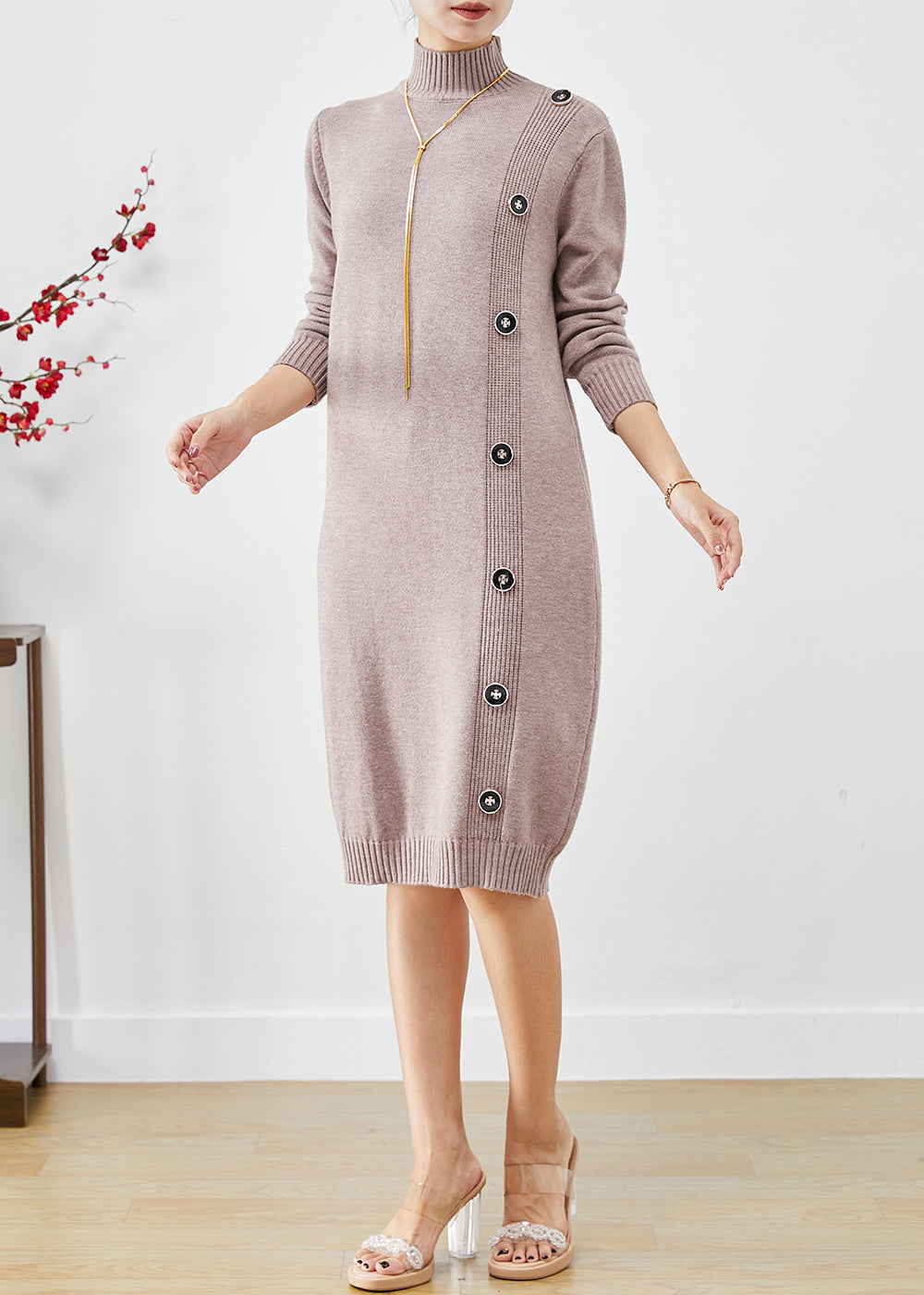 Light Purple High Neck Button Knit Sweater Dress Fall