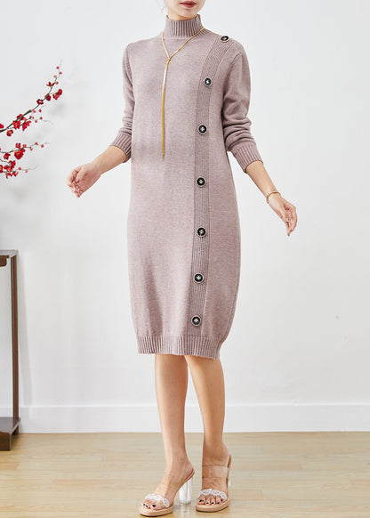 Light Purple High Neck Button Knit Sweater Dress Fall