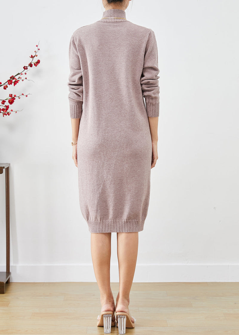 Light Purple High Neck Button Knit Sweater Dress Fall