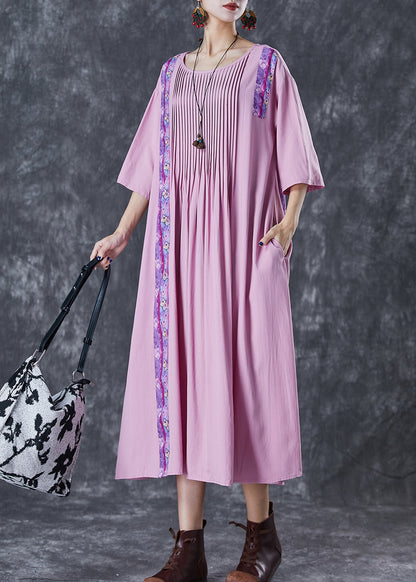 Light Purple Oversized Patchwork Wrinkled Linen Dress Half Sleeve