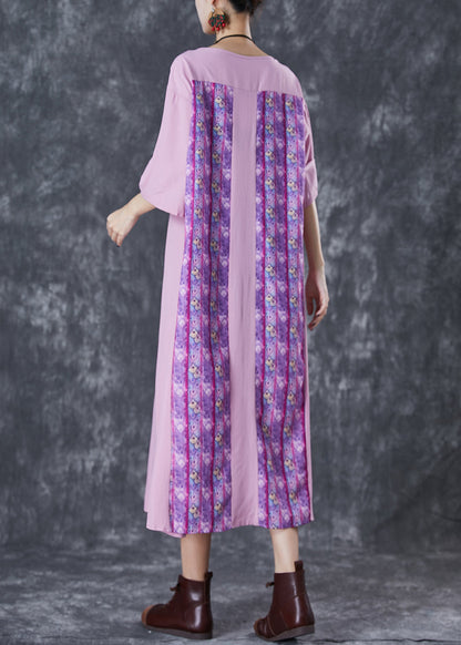 Light Purple Oversized Patchwork Wrinkled Linen Dress Half Sleeve