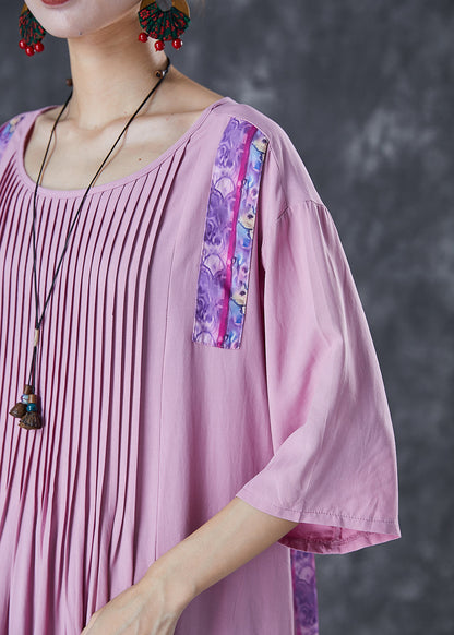 Light Purple Oversized Patchwork Wrinkled Linen Dress Half Sleeve
