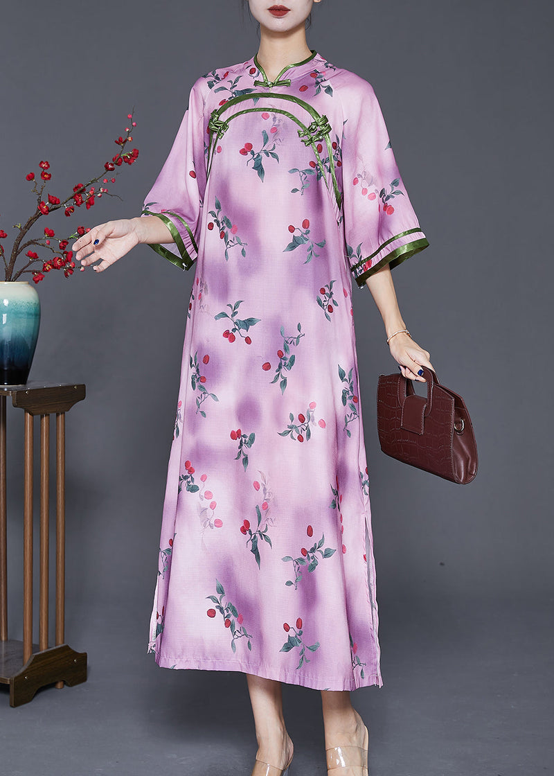 Light Purple Print Chinese Style Long Dresses Half Sleeve