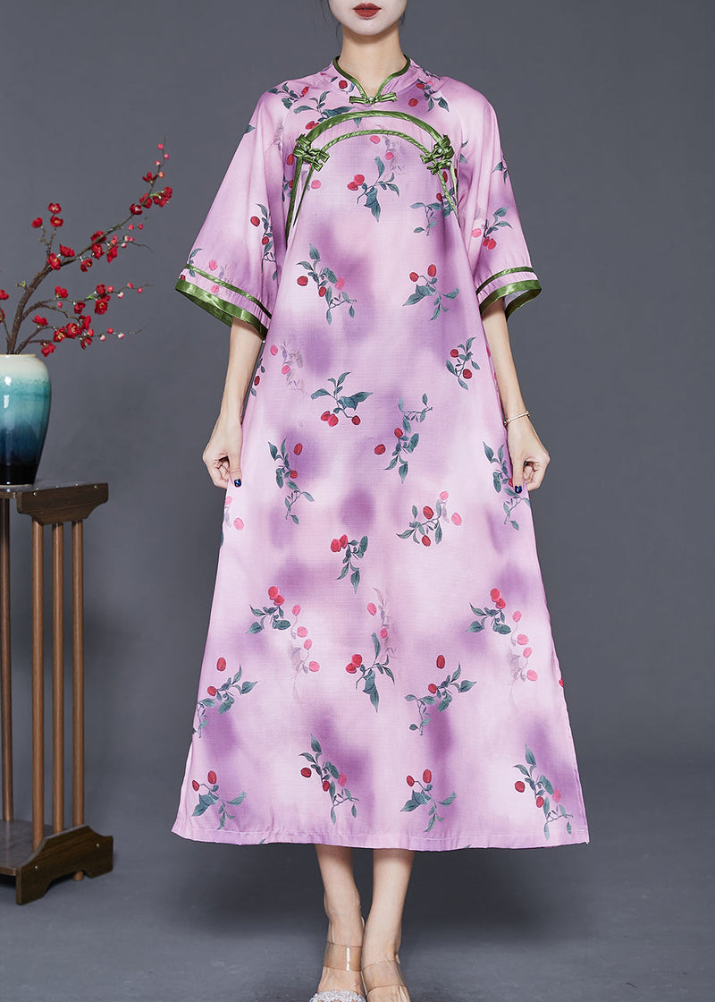 Light Purple Print Chinese Style Long Dresses Half Sleeve