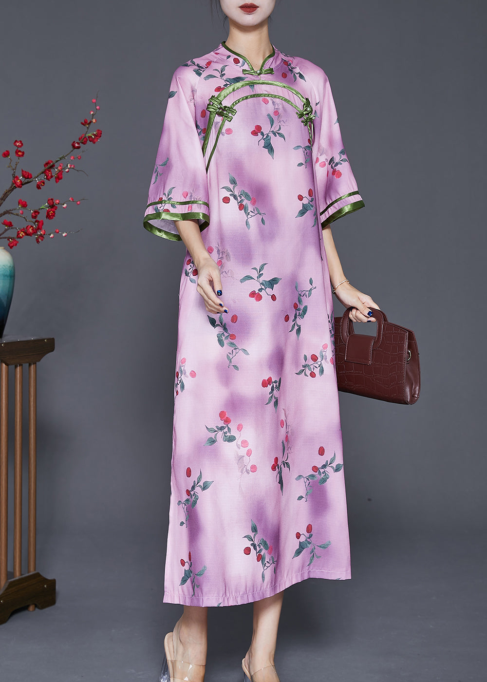 Light Purple Print Chinese Style Long Dresses Half Sleeve