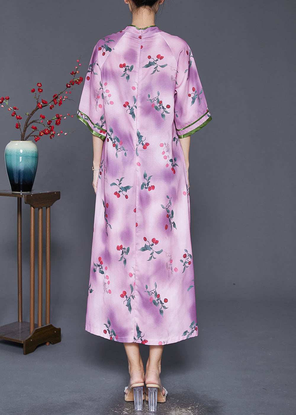 Light Purple Print Chinese Style Long Dresses Half Sleeve
