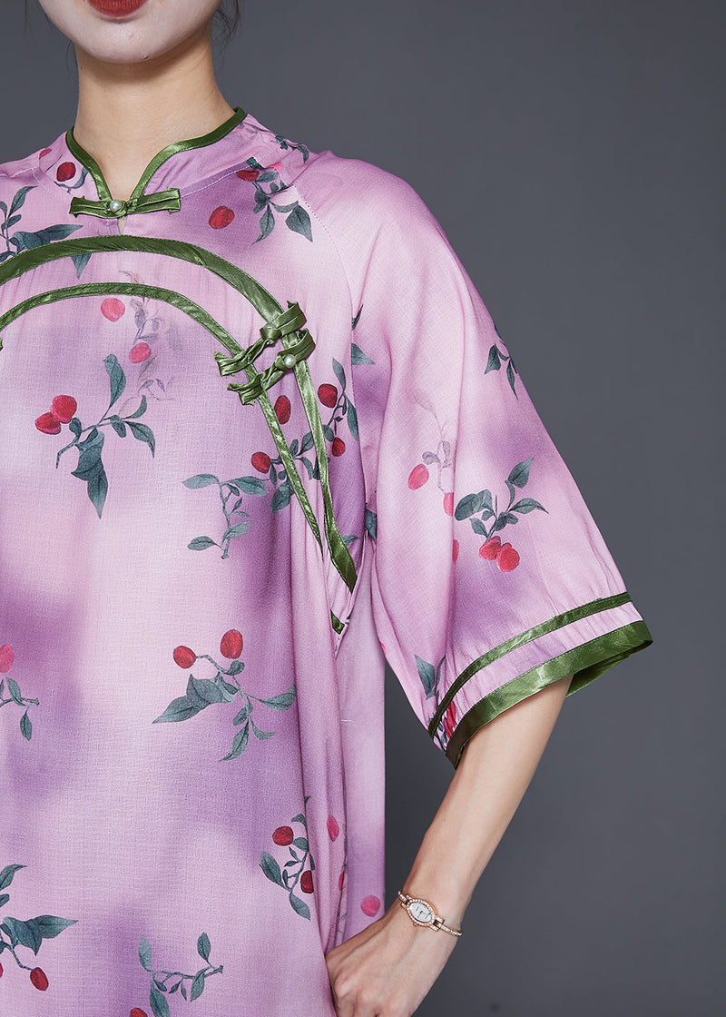 Light Purple Print Chinese Style Long Dresses Half Sleeve