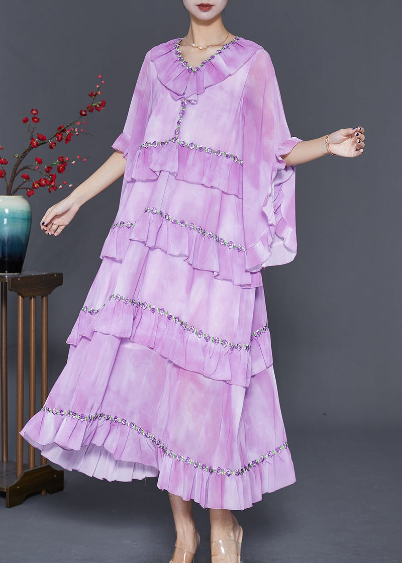 Light Purple Ruffled Tie Dye Chiffon Maxi Dresses Summer