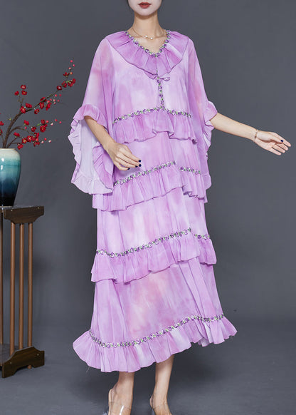 Light Purple Ruffled Tie Dye Chiffon Maxi Dresses Summer