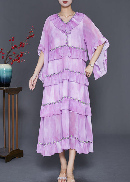 Light Purple Ruffled Tie Dye Chiffon Maxi Dresses Summer