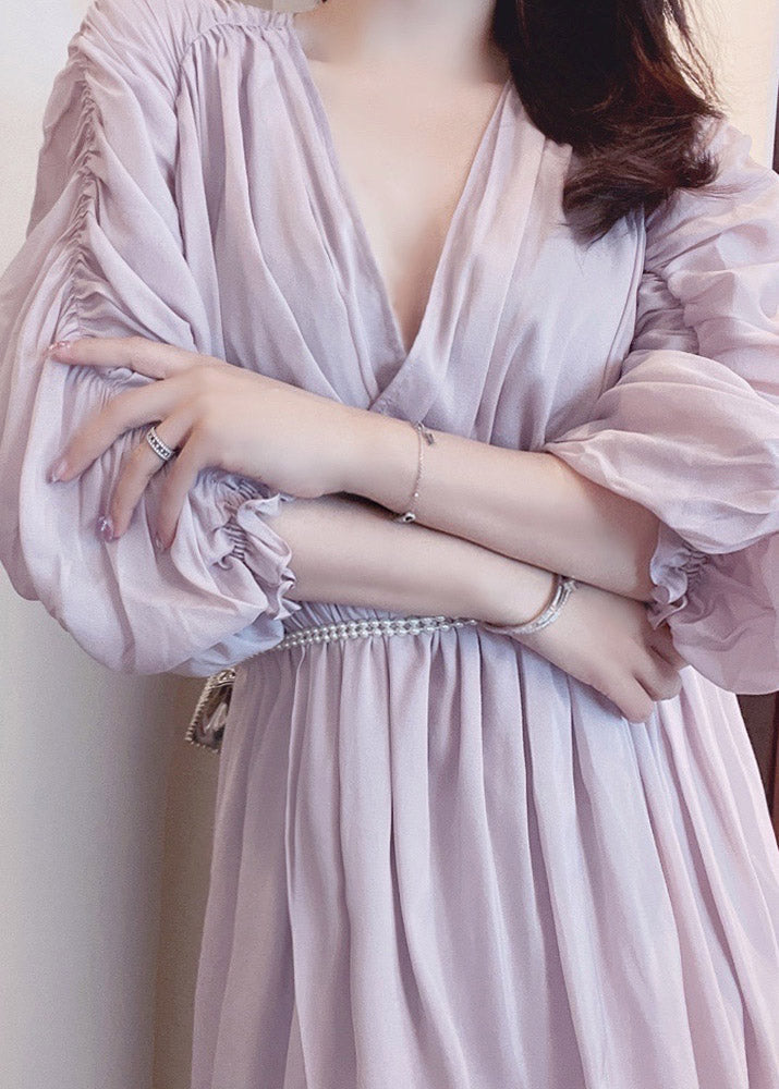 Light Purple V Neck Asymmetrical Pearl Tie Waist Silk Maxi Dress Puff Sleeve