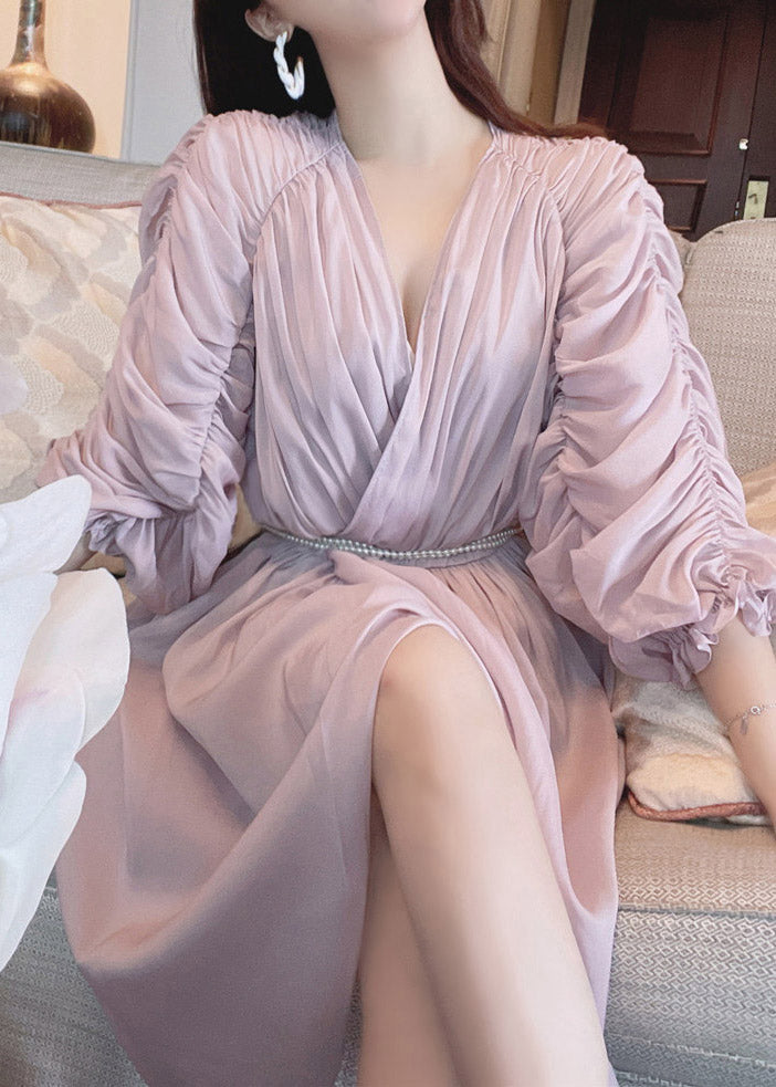 Light Purple V Neck Asymmetrical Pearl Tie Waist Silk Maxi Dress Puff Sleeve
