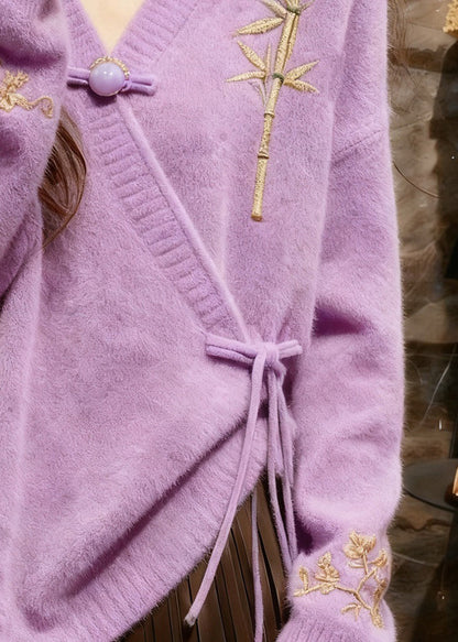 Light Purple V Neck Tie Waist Cotton Knit Sweaters Tops Fall