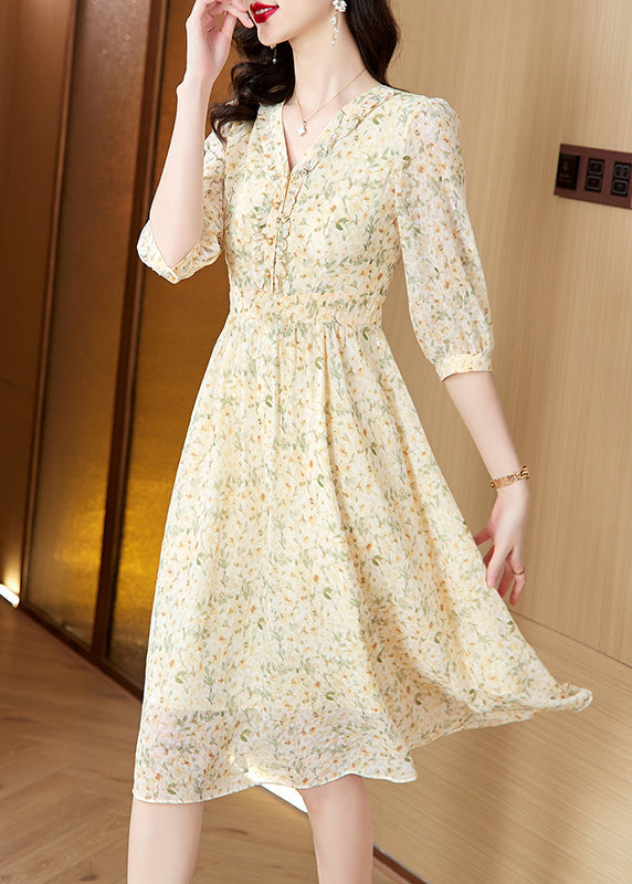 Light Yellow V Neck Print Chiffon Dresses Summer