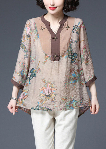 Light Chocolate V Neck Sequined Patchwork Print Chiffon Tops Half Sleeve