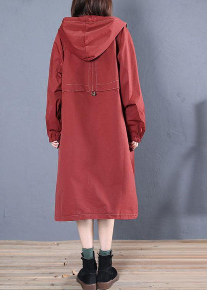 Loose Fitting Long Jackets Fall Jacket Red Side Open Hooded Coat