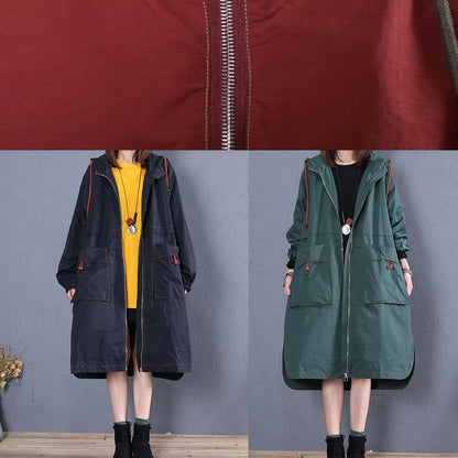 Loose Fitting Long Jackets Fall Jacket Red Side Open Hooded Coat