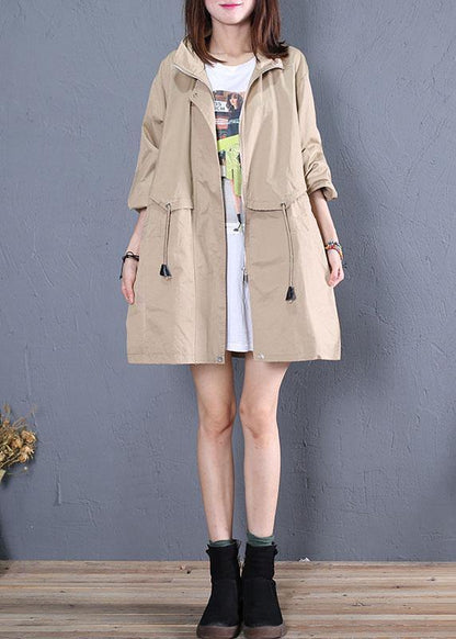 Loose Fitting Medium Length Jackets Fall Khaki Drawstring Coats