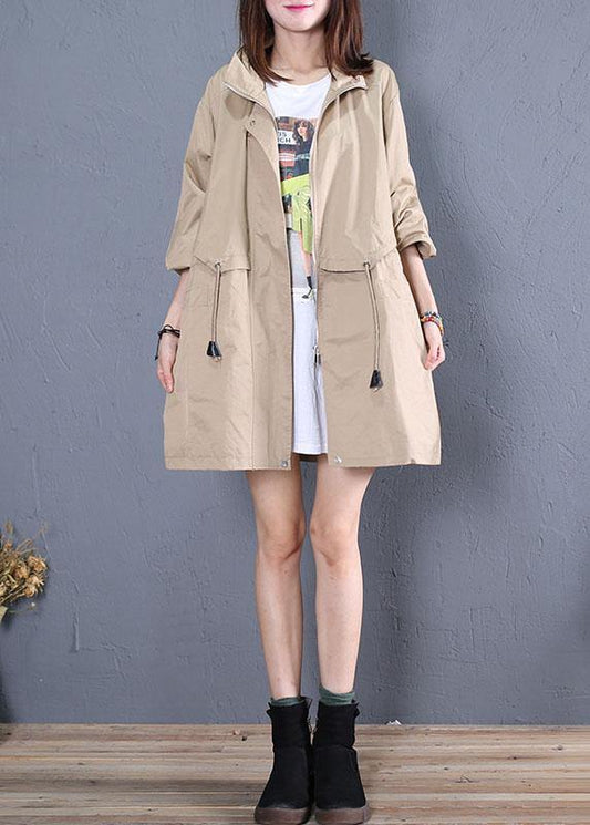 Loose Fitting Medium Length Jackets Fall Khaki Drawstring Coats