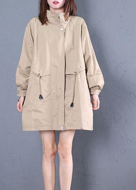 Loose Fitting Medium Length Jackets Fall Khaki Drawstring Coats