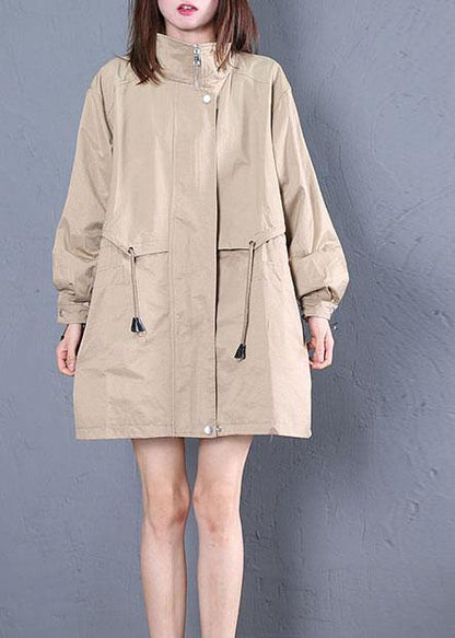 Loose Fitting Medium Length Jackets Fall Khaki Drawstring Coats
