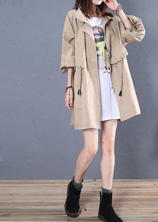 Loose Fitting Medium Length Jackets Fall Khaki Drawstring Coats