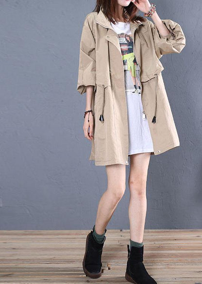 Loose Fitting Medium Length Jackets Fall Khaki Drawstring Coats