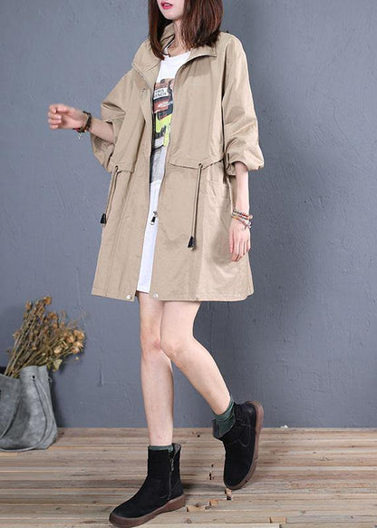 Loose Fitting Medium Length Jackets Fall Khaki Drawstring Coats