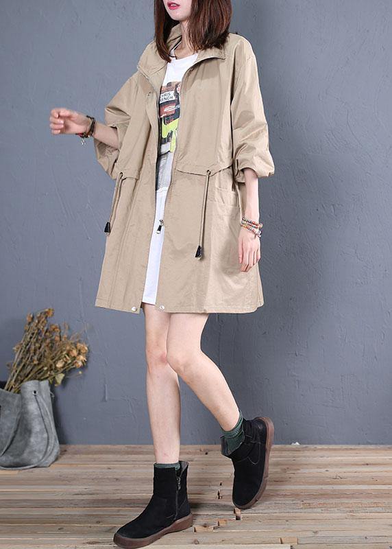 Loose Fitting Medium Length Jackets Fall Khaki Drawstring Coats