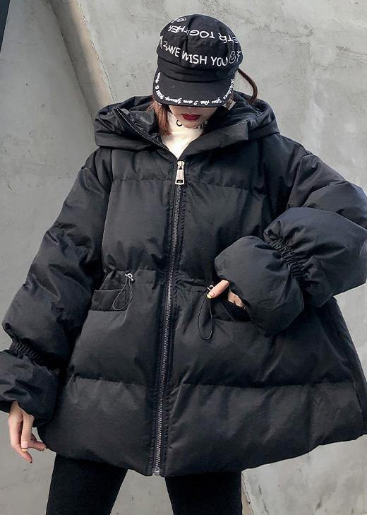 Loose Fitting Winter Jacket Drawstring Coats Black Hooded Parka