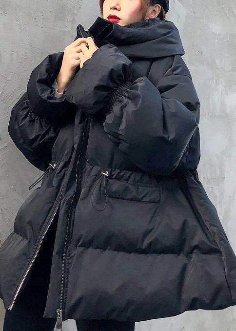 Loose Fitting Winter Jacket Drawstring Coats Black Hooded Parka