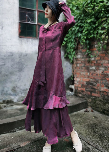 Maroon Asymmetrical Design Patchwork Ruffles Chiffon Dress Long Sleeve