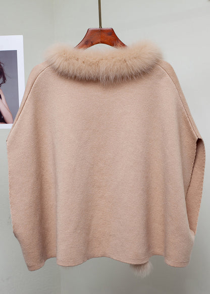Milk Tea Camel Color Fox Collar Patchwork Woolen Coats Winter