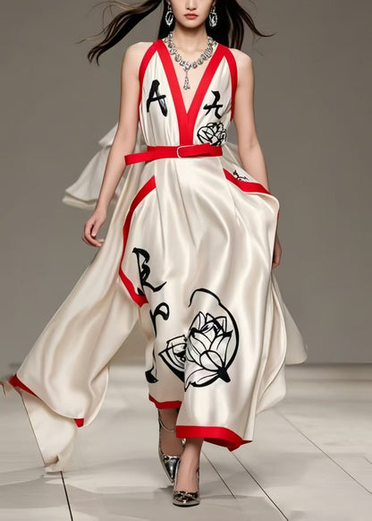 Milk White Asymmetrical Print Silk Holiday Dress Summer