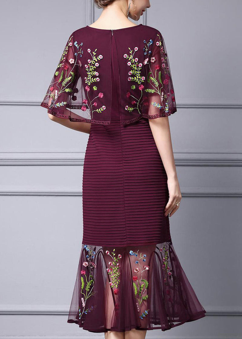 Mulberry Embroidered Cape Style Party Dress Summer
