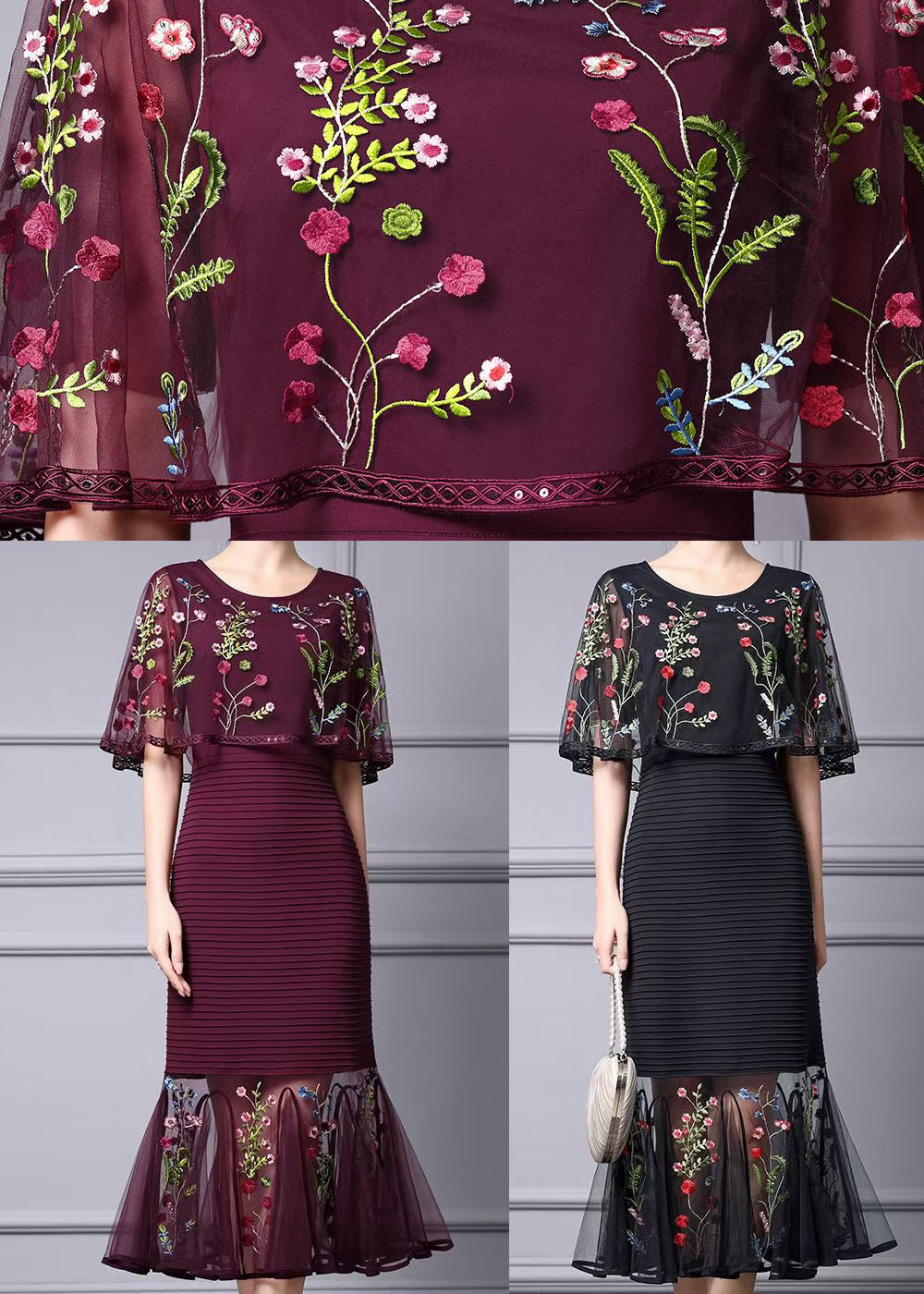 Mulberry Embroidered Cape Style Party Dress Summer