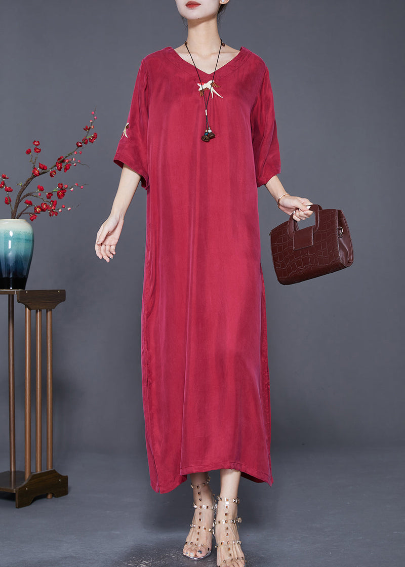 Mulberry Embroideried Side Open Silk Maxi Dresses Summer