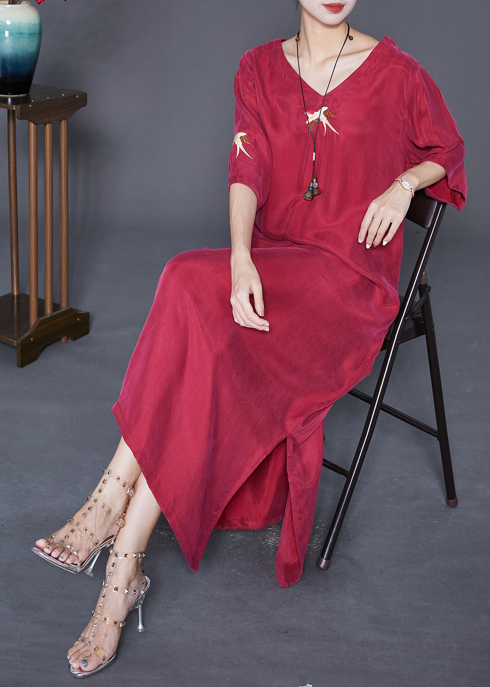 Mulberry Embroideried Side Open Silk Maxi Dresses Summer
