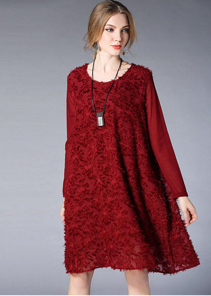 Mulberry O-neck Jacquard Chiffon Vacation Dresses Long Sleeve