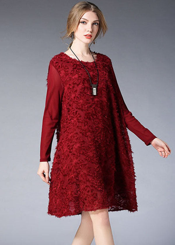 Mulberry O-neck Jacquard Chiffon Vacation Dresses Long Sleeve