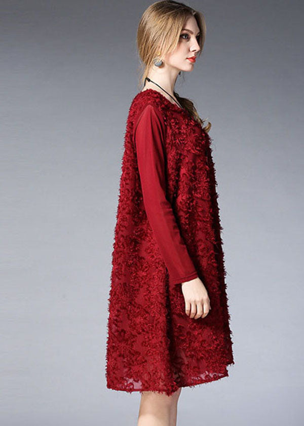 Mulberry O-neck Jacquard Chiffon Vacation Dresses Long Sleeve