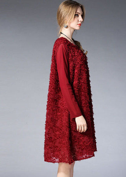 Mulberry O-neck Jacquard Chiffon Vacation Dresses Long Sleeve
