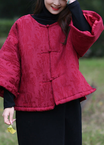 Mulberry O-neck Print Button Warm Fleece Cotton Parka Winter