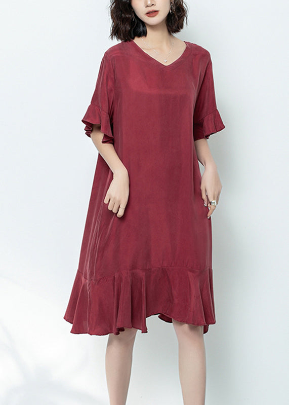 Mulberry V Neck Ruffled Patchwork Long Dress Summer