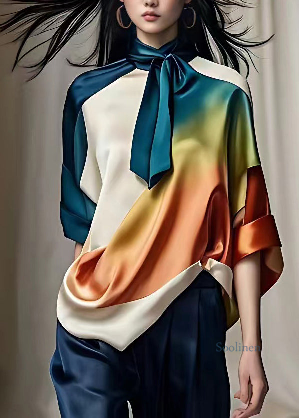 Multi Turtleneck Gradient Color Silk Top Fall