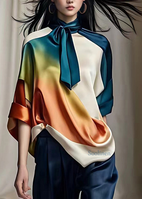 Multi Turtleneck Gradient Color Silk Top Fall