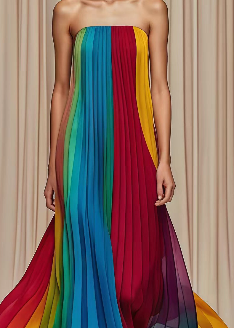 Multicolor Cold Shoulder Wrinkled Chiffon Strapless Dress Summer