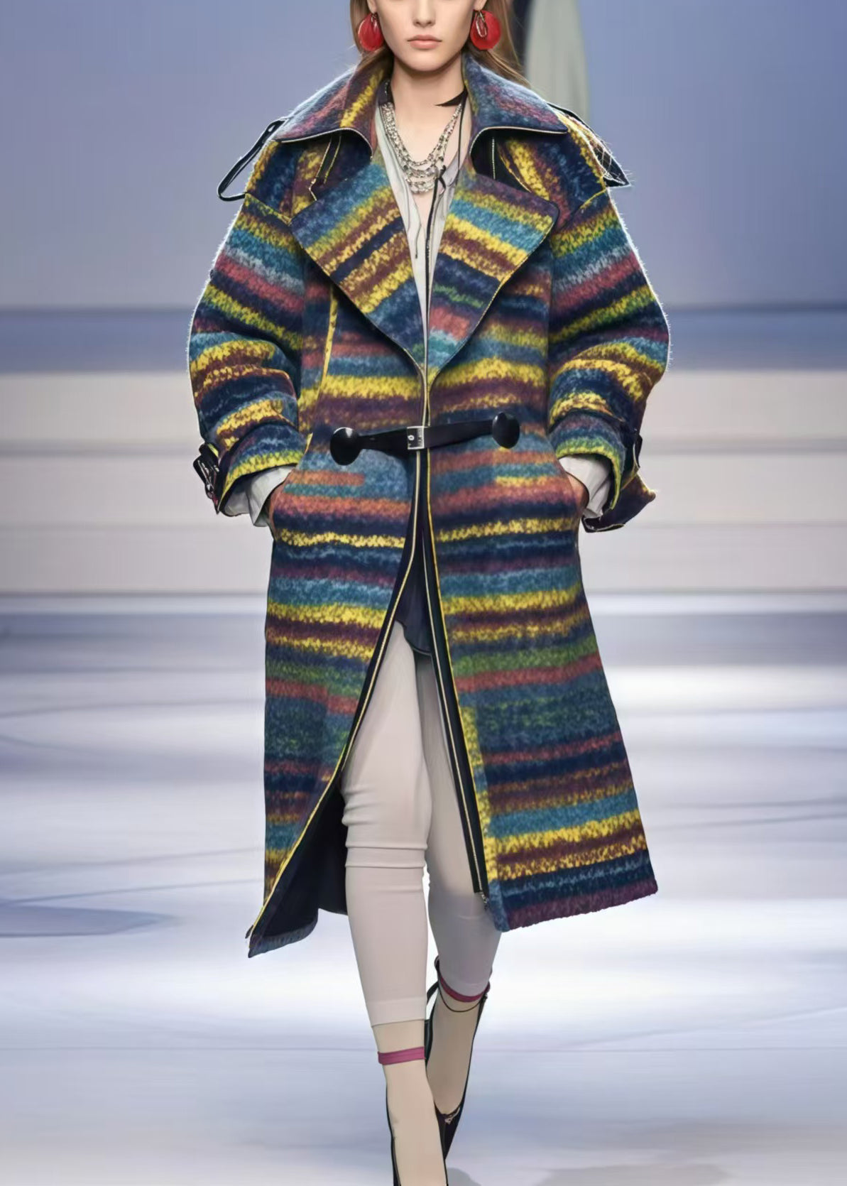 Multicolor Oversized Striped Woolen Trench Fall